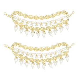 Aheli Gold Plated White Kundan Beads Studded Earrings Chain Ethnic Stylish Fashion Hair Accessories Jewellery Gift for Women