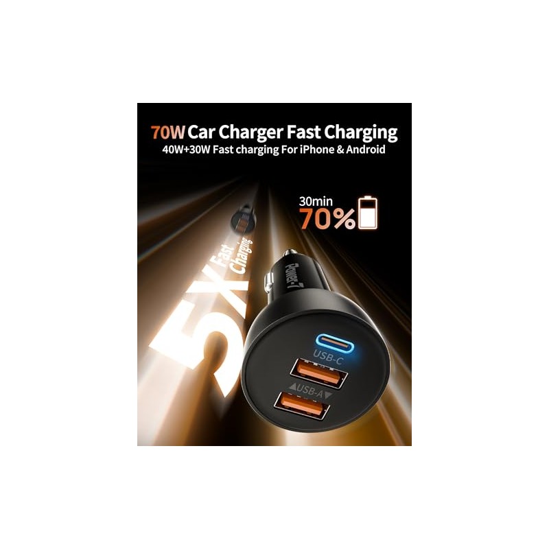 3-Port Fast Charging USB C Car Charger - 70W Power