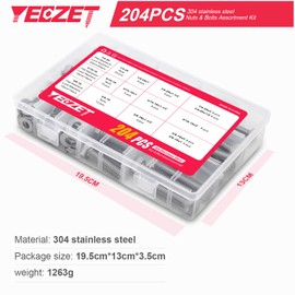 204PCS Heavy Duty Hex Bolts and Nuts Assortment Kit, 304 Stainless Steel, Includes 10 Most Common Sizes (1/4-20, 5/16-18, 3/8-16)