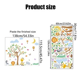 Jungle Animals Tree Wall Decals Elephant Giraffe Lion Safari Wall Stickers Baby Nursery Kids Bedroom Living Room Wall Decor and Creativity for Transforming Nursery, Classroom Etc