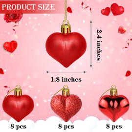 Yuronam 24 PCS Heart Ornaments 3 Different Finishes Heart Shaped Hanging Ornaments for Wedding Christmas Tree Mother's Day Anniversary Party Decoration (Red)