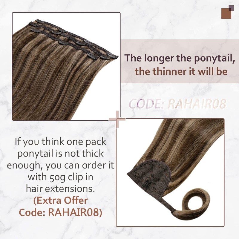 RUNATURE Human Hair Ponytail Extension Dark Brown Highlights Honey Blonde