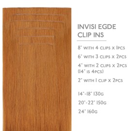 WENNALIFE Invisi Edge Clip in Hair Extensions Real Human Hair, 12 Inch 80g 7pcs Auburn Ginger Invisible PU Skin Weft Straight Extensiones De Cabello Hmano Clip Ins