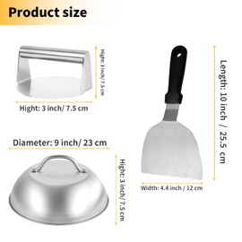 Mallez Smash Burger Kit, 9 Inch Heavy Duty Food Dome Burger Cover & 5.5 Inch Stainless Steel Burger Press & Griddle Burger Spatula - Griddle Accessories Kit for Flat Top Griddle Grill Cooking