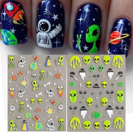 IDDFEVE Embossed Alien Nail Art Stickers - 5D ET UFO Astronaut Rocket Design Self-Adhesive Nail Decals for DIY Space Extraterrestrial Manicure (2 Sheets)