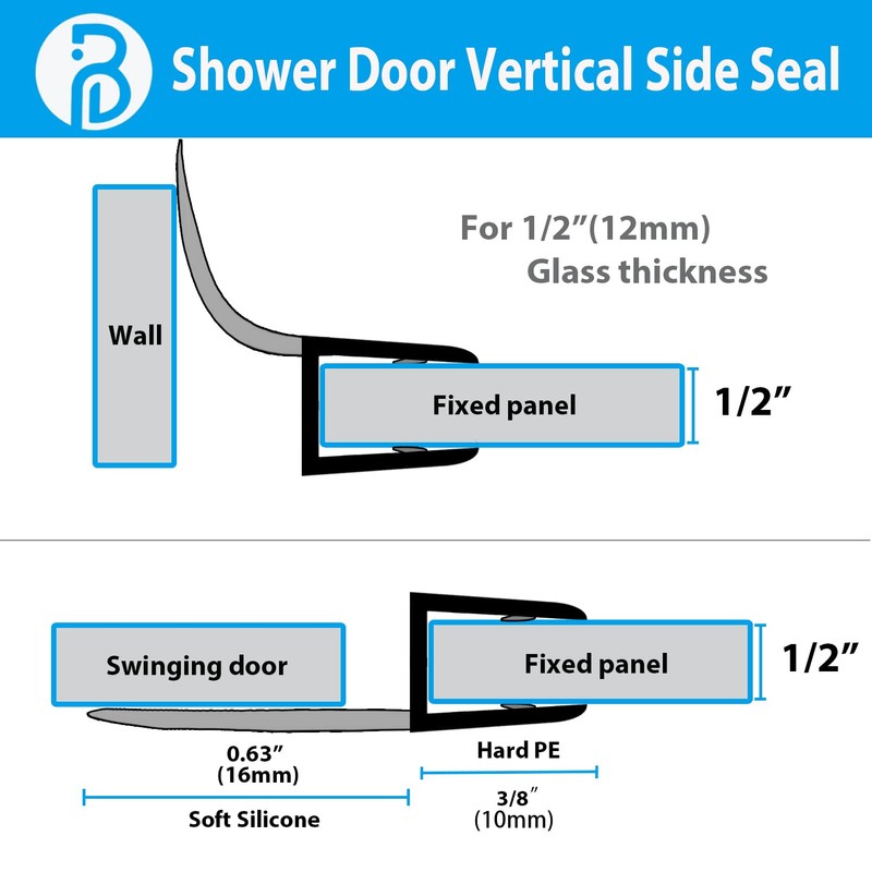 2-Pack Butecare Frameless Shower Door Side Seal Strip for 1/2"