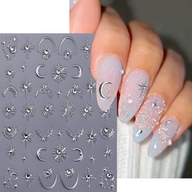 4 Sheets 5D Moon Star Nail Art Stickers Gold Silver Glitter Rhinestones Nail Decals Self-Adhesive Sun Heart Nail Decor Cute Nail Design Stickers Spring French Nails Supply for Women DIY Manicure