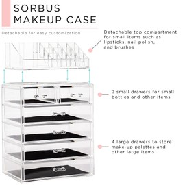 Sorbus Acrylic Makeup Organizer Set, 6-Drawer Vanity & Countertop Cosmetic Storage with Small & Wide Compartments, Clear Makeup Storage for Brushes, Jewelry – Holiday Gift for Women & Teens