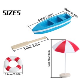 4 Sets of Miniature Rowboat Mini Blue Boat with Red Oars Figurines Micro Landscape Life Buoy Red Beach Umbrellas Canoe Models Ocean Beach Scene Ornaments
