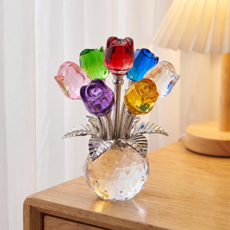 Elovara 3D Handmade Crystal Rose Ornament with Base,Glass Flowers