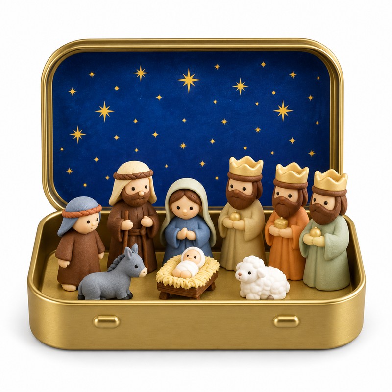 Mini Christmas Nativity Set in Tin Box, Portable Manger Scene