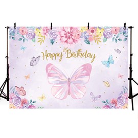 AIBIIN 8x6ft Happy Birthday Backdrop Butterfly Pink Purple Flowers Photography Background for Girl Women Birthday Party Decorations Banner Photo Booth Props