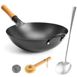 WANGYUANJI 13.4" Round-Bottom Iron Wok, Deep Chinese Stir-Fry Pan (Seasoning Required), Wok Ring Required, Not Flat-Top/Induction — No Lid, No Ring,Wooden Handle, Coating-Free