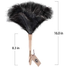 Feather Duster, Ostrich Feather Duster Ddzmz Fluffy Natural Genuine Ostrich Feathers and Reusable Wooden Long Handle Large Ostrich Feather Duster Cleaning for Housewife Black Length 16" 1Pack
