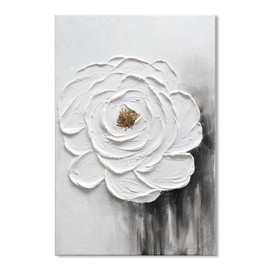JUHOME Large Abstract Textured White Floral Wall Art, Hand-Painted 3D Bloom Canvas Oil Painting with Gold Leaf, 24x36 In Handmade Artwork for Living Room, Office, Bedroom