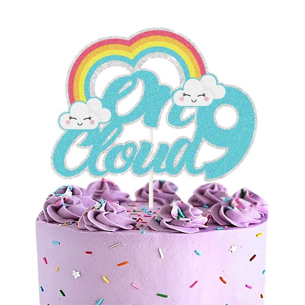 Decoración para tartas con purpurina azul en la nube 9, letrero de nube arcoíris, decoración de fiesta de feliz 9 cumpleaños, Hello 9, centro de mesa número 9 para niñas y niños