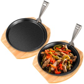 Mimorou 2 Set Cast Iron Fajita Plate Set with Wooden Base Anti Scald Protection Removable Handle Fajita Plate Sizzling Pan Cast Iron Skillets Set for Home Restaurant Kitchen BBQ Cooking (10.3 Inch)