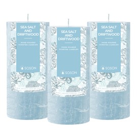 Simply Soson 3x6 inch Light Blue Rustic Sea Salt and Driftwood Pillar Scented Candle - 3 Pack - for Home Decor, Aromatherapy, Weddings, Restaurants, Spa,
