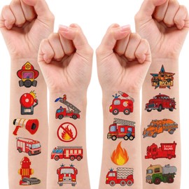 8 Sheets (96PCS) Fire Truck Temporary Tattoos Themed Firefighter Birthday Party Supplies Favors Decorations Stickers For Kids Gifts Classroom School Prizes Rewards