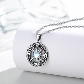 Compass Necklace for Women 925 Sterling Silver Celtic Knot Moonstone Compass Pendant Necklace Vintage Jewelry Gifts for Women