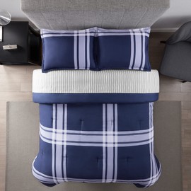 Serta Simply Clean Jax Soft 5 Piece Plaid Bed in A Bag Complete Bedding Comforter Set with Sheets and Pillow Case for All Season, Twin XL, Blue