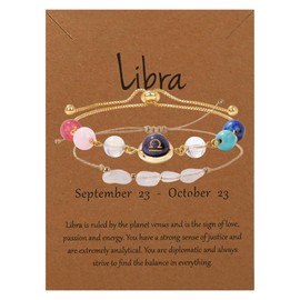 Zodiac Bracelets for Women, Healing Crystals 12 Constellation Bead Bracelet Adjustable Jewelry, Colorful Gemstone Protection Link Chain, Libra Gifts Bling Spiritual Nnature Stone Birthday Gifts