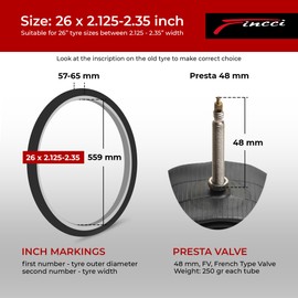 Fincci Bicycle Inner Tube 26 Inch Pair MTB Inner Tubes 26 Inch 2.1 x 2.20 x 2.35 with French Valve 48 mm Tubes Bicycle for Mountain Bike, E Bike, MTB, Road Bike, Folding Bike - Pack of 2