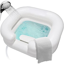 Goping Large Inflatable Shampoo Basin Portable Hair Washing Bowl with Head Pillow and Towel for Elderly, Bedridden, Disabled, Handicapped and Injured in Travel, Hospital or at Home, Pure White