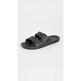 Freedom Moses-Women's Two Band Unisex Slides, Black, 7-8 US Women/5-6 US Men