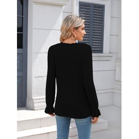 TASAMO Women's Casual Tunic Tops Soft Textured Knitted V Neck Long Sleeve Shirts for Women Going Out Black