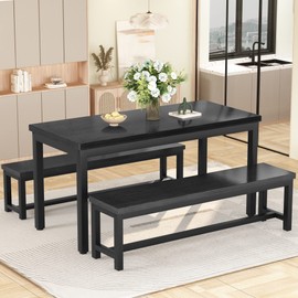 Hooseng Dining Table Set for 4, Dining Table Set with Two Benches, Kitchen Table and Chairs for 4 People Family Use, 47in Space-Saving Bench Style Dining Table Set w/Heavy Duty Sturdy Metal, Black