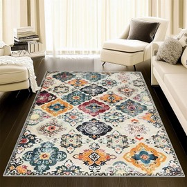 QQL Oriental Accent 3'x5' Machine Washable Area Rug Non-Slip Non-Shedding Faux Wool Vintage Design Boho Low Pile Throw Rugs for Bedroom, Bedside, Kitchen, Entryway, Kids Room, Office