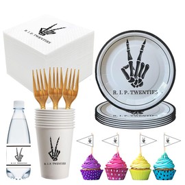 SharkBliss RIP Twenties Party Supplies 480 PCS – Paper Cocktail Napkins Party Cups Water Bottle Labels Toothpick Flags Drinking Straws Gift Tags Forks Plates for Death to My 20s 30th Birthday