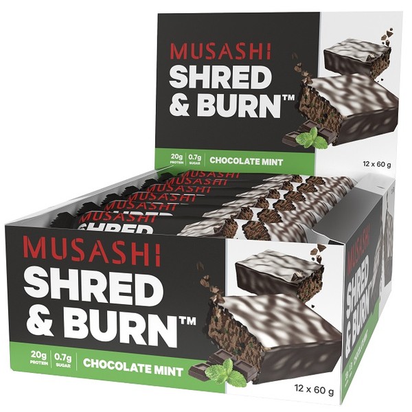 Musashi Shred & Burn Protein Bars 12 x 60g - Chocolate Mint - Expiry 14/02/25