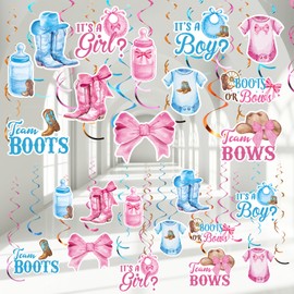 Pajean 54 Pcs Boots or Bows Gender Reveal Decorations Boy or Girl Hanging Swirls Decorations Western Cowboy or Cowgirl Hanging Streamers for Western Gender Reveal Baby Shower Party Decor Supplies