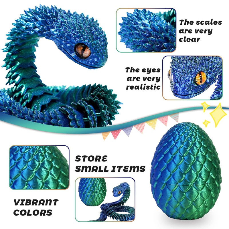 2PCS 3D Printed Snake in Egg, 3D Printed Animals Fidget