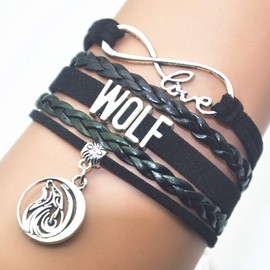 HHHbeauty Wolf Bracelet Jewelry Leather Infinity Love Wolf Gifts Wolf Jewelry Bracelet Gifts For Party, Wolf Lovers, Wolf Themed Gifts (Black)