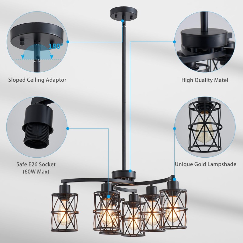 XINGQI Modern Black Chandelier 6-Light Pendant Lighting Fixture with Metal