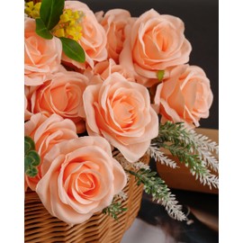 DuHouse 10pcs Fake Roses Artificial Silk Flowers Long Stems Bouquet for Arrangement Wedding Centerpiece Party Home Kitchen Decor(Peach Fuzz-a)