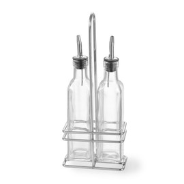 HENDI Menage Essig und Öl, Gestell aus verchromten Stahl, 2 Öl-/Essig Flaschen aus Glas mit Edelstahlausgießer, Gewürzständer, 0,47L, Edelstahl, 2x 237ml