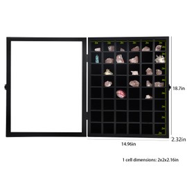 KCRasan Adjustable Rock Display Case - Wooden Crystal Organizer for Stones Storage - Rock Collection Box with Shelves for Agate Opal Crystal Stone Arrowheads Spear Points Rocks, Large Black