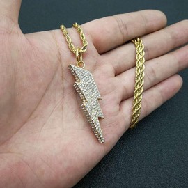 Bling Lightning Bolt CZ Iced Out Necklace for Men,Fake Diamond Thick Cuban Link Chain Rapper Hip Hop Custume Jewelry 18K Gold/Platinum Plated with Sparkly Lightning Charms, Cubic Zirconia