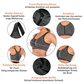FXTYK Zip Front Sports Bra Post Surgery Bra Yoga Bra Workout Fitness Activewear Racerback Padded Bras for Women, gray