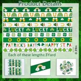 Estivaux 9 PCS St. Patrick's Day Ribbons 3/8" Wide White Green Grosgrain Ribbon Irish Shamrock Ribbon Leprechaun Hat Craft Ribbons for Gift Wrapping Saint Patrick's Day Carnival Party Decor, 27 Yards
