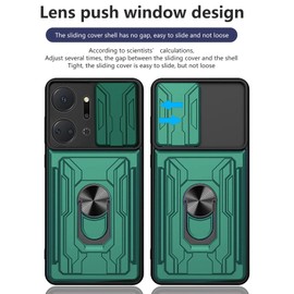 carinacoco Case for HONOR X7a, with Slide Camera Cover+Rotating Finger Ring Stand+Removable Card Holder, Soft TPU+Hard PC Anti-Scratch Military Grade Shockproof Rugged Armour Cover, Green