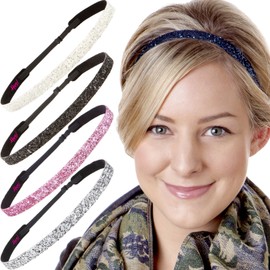 Hipsy REGULAR Size, Women's Adjustable NO SLIP Bling Glitter Hair Headband Multi Pack (Skinny Silver/Navy/L Pink/Black/White Regular Size Bling Glitter 5pk)
