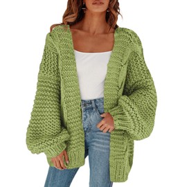 Cicy Bell Women's Open Front Chunky Knit Cardigan Loose Lantern Sleeve Oversized Sweater Coats (Green, X-Large)