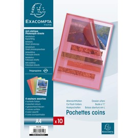 Exacompta 56119E Pack of 10 Polypropylene Plastic File Sleeves for DIN A4 Transparent Grained Assorted Colours Top and Side Open Plastic Cover Transparent Cover for Office and Mobile Organisation