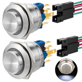UL Certified 2PCS 22mm Push Button Switch Momentary High Round Waterproof IP67 Stainless Steel with 110V/120V LED for 7/8" with Wire (Momentary,120V, White)