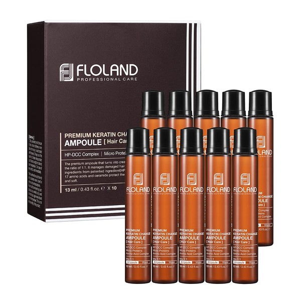 Floland Keratin Change Ampoule - Deep Conditioner Damage Repair Hair Mask Treatment for Perm, Bleached, Color, Dry Breakage, Frizz - Intensive Amino Acid Smooth Hair Protein Filler 13ml Set of 10